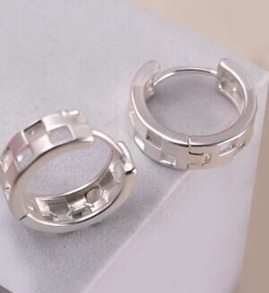 Checker Cutout Huggie Hoop Earrings - Matte Silver
